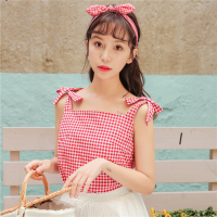 小清新绑带格子吊带背心女短款chic上衣春夏小衫学生甜美蝴蝶结潮红色均码