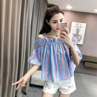 2018新款韩版夏季甜美一字领套头短袖条纹女装上衣女吊带露肩衬衣蓝色