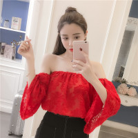 流苏上衣2018春夏季新款韩版露肩露背一字肩宽松显瘦喇叭袖娃娃衫