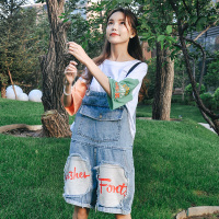原宿风牛仔背带短裤女夏2018新款韩版学生宽松bf风吊带连体阔腿裤图片色