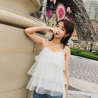 2018夏季韩版女装新款甜美纯色蛋糕网纱拼接吊带衫无袖背心上衣仙粉色均码