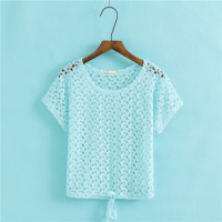 2018新款套头宽松百搭短款镂空罩衫女夏短袖小外搭披肩防晒空调衫水蓝均码