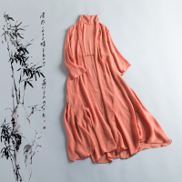 复古中国风棉麻纱无扣开衫女秋中长款披风七分袖防晒衣披肩薄外套桔色◆七袖褶皱麻纱长开衫单一码