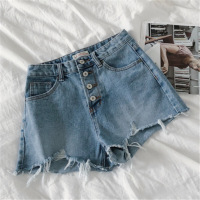 实拍2018夏季新款韩版毛边牛仔裤女烂边热裤高腰显瘦短裤女装图片色