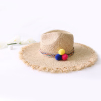 超大沿拉菲草帽毛球爵士礼帽夏季海边沙滩遮阳帽女士防晒帽子 超大沿三个毛球爵士拉菲草帽 M(56-58cm)