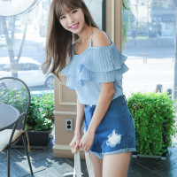 夏季新款白色一字领上衣甜美可爱荷叶边短袖小衫女碧蓝色