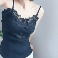 春季新款女装蕾丝拼接针织吊带背心女短款修身显瘦打底衫黑色均码