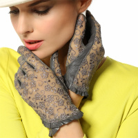 夏季女士开车防晒蕾丝手套手心羊皮真皮短款全指手套