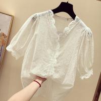 白色蕾丝上衣女夏装2018新款韩版漏锁骨V领镂空洋气雪纺短袖小衫