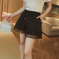 2018夏季新款女装韩版学生松紧带高腰纯色抽绳短裤欧根纱阔腿裤子