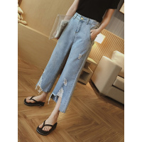2018夏季新款女装韩版松紧腰破洞牛仔裤高腰显瘦休闲裤学生阔腿裤