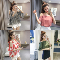 韩版2018新款夏季碎花一字肩小清新超仙飘逸露肩雪纺衫女甜美上衣