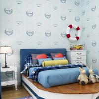 蓝色地中海风格竖条纹儿童房墙纸男孩温馨环保卡通船锚无纺布壁纸壹德壹