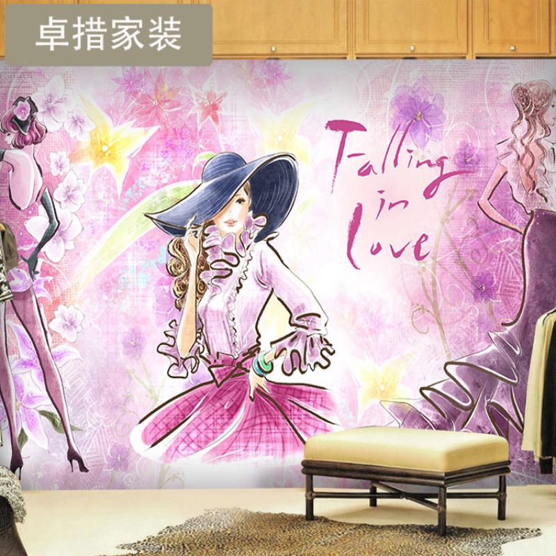 手绘水彩女孩大型壁画化妆美甲店美容院商用橱窗服装店墙纸壁纸壹德壹 壁画专用胶
