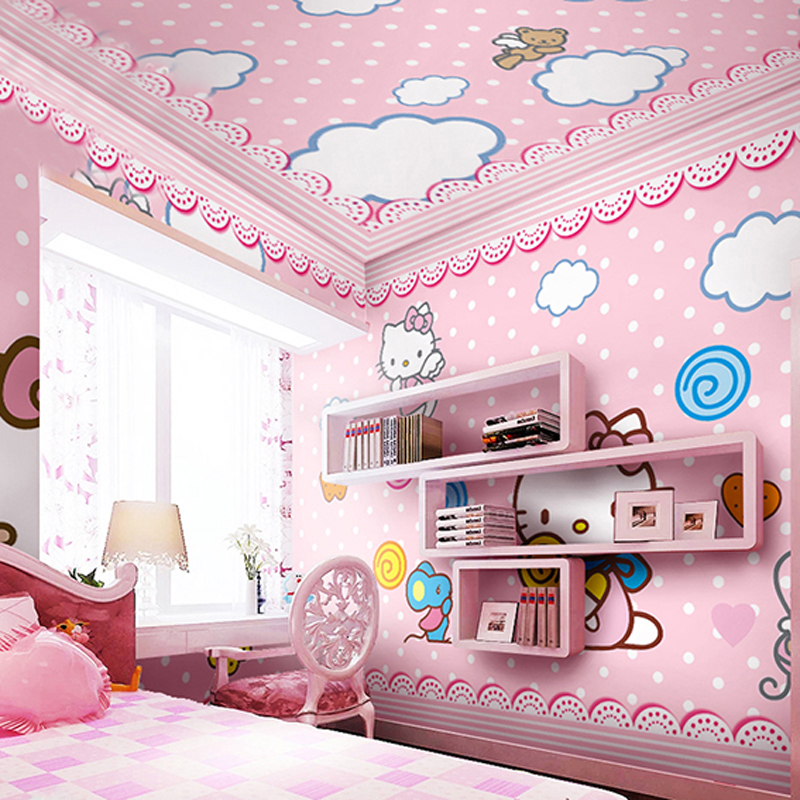 大型壁画电视背景墙卧室粉色公主房壁纸儿童卡通墙纸hellokitty猫壹德壹 无缝油画布/每平米