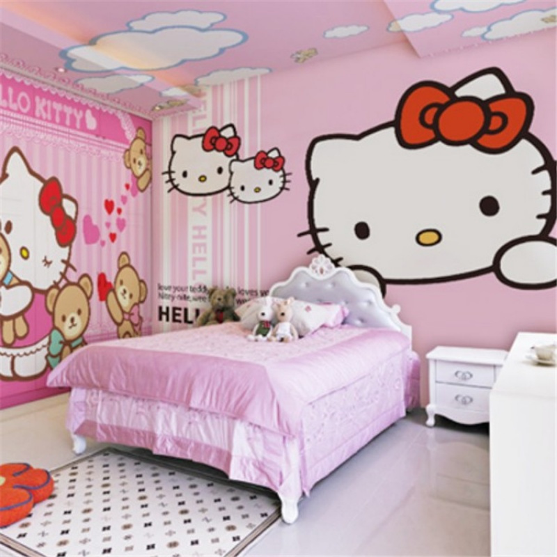 大型壁画电视背景墙卧室粉色公主房壁纸儿童卡通墙纸hellokitty猫壹德壹