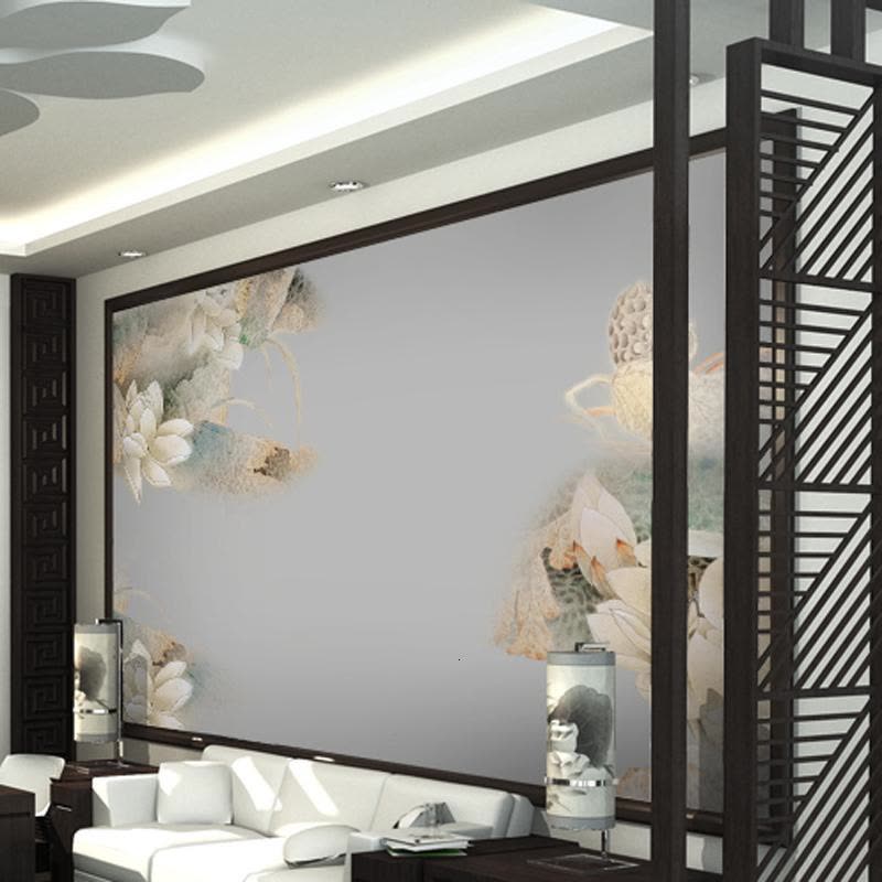 现代中式水墨荷花定制墙布 客厅电视背景墙纸 3D立体大型壁纸壹德壹图片