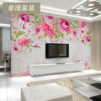 定制 手绘现代中式大型壁画 简约粉色花卉电视背景墙纸卧室客厅壁壹德壹