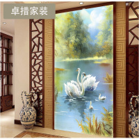 定制 定制天鹅湖山水意境背景墙墙纸壁纸油画玄关过道屏风3D墙布壹德壹