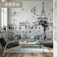 定制 涂鸦巴黎铁塔背景墙创意壁纸现代城市风景艺术墙纸墙布壁画壹德壹