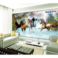 中式无缝壁画墙布客厅沙背景墙壁纸卧室书房3d墙纸大型八骏图壹德壹