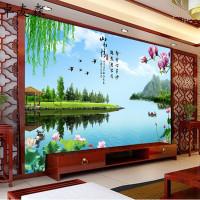 现代中式山水画荷花壁画沙客厅电视背景墙壁纸墙纸影视墙布壁布壹德壹