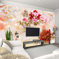 定制壁画电视背景墙客厅酒店3D墙纸壁纸中式无缝牡丹玉雕无纺布壹德壹