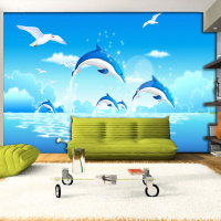 无缝儿童房卡通蓝色海洋馆海鸥海豚卧室沙客厅电视背景墙纸壁纸壹德壹