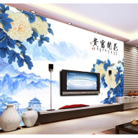 无缝大型壁画影视墙壁纸墙纸客厅卧室无纺布电视背景墙布青花牡丹壹德壹