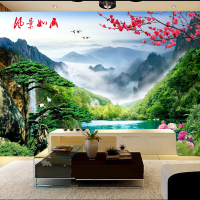 中式山水迎客松仙鹤系列壁画电视背景墙壁纸客厅卧室定制无缝墙纸壹德壹