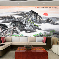 无缝中式水墨山水太阳大山壁画客厅沙办公室电视背景墙纸壁纸壹德壹