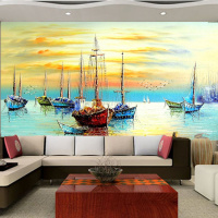 大型壁画卧室沙客厅电视背景墙纸壁纸欧式油画风景地中海帆船壹德壹