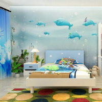 无缝3d卡通海底手绘纯色蓝色海豚儿童房壁纸卧室背景墙无纺布墙纸壹德壹