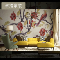 工笔花鸟新中式艺术壁纸复古韩式墙纸电视背景墙定制壁画无缝壹德壹