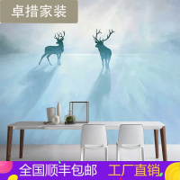 定制北欧手绘麋鹿墙纸卧室客厅电视背景墙壁纸墙布蓝色冰面壁画壹德壹