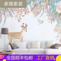 定制美式田园麋鹿花鸟墙纸客厅卧室电视背景墙壁画手绘无纺布壁纸壹德壹