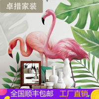 北欧火烈鸟墙纸热带雨林电视背景墙壁画餐厅手绘壁纸绿色植物墙布壹德壹