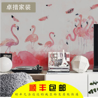 火烈鸟手绘壁纸北欧墙纸无纺布客厅电视背景墙画服装店墙布壹德壹