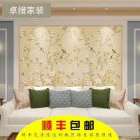 中式手绘素色工笔花鸟图墙纸简约沙客厅卧室电视背景墙无缝壁画壹德壹