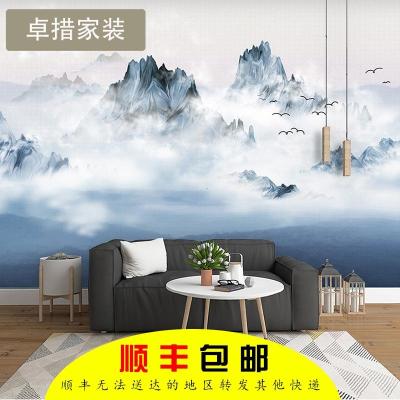 水墨山水新中式高山飞鸟手绘国画墙纸沙客厅背景墙壁画壁纸壹德壹