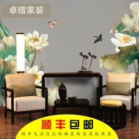 电视背景墙客厅现代中式荷花壁纸沙墙纸装饰画墙布影视墙壹德壹