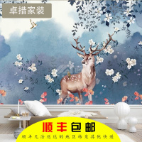 北欧风格麋鹿墙纸卧室客厅电视背景墙壁纸定制花卉油画大壁画壹德壹