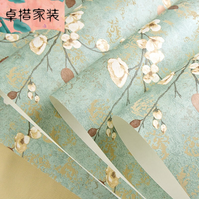 复古怀旧美式乡村墙纸简约温馨田园无纺布卧室客厅壁纸AB版素色蓝色A版花仅墙纸壹德壹
