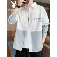 花花公子衬衫男士春秋季2021新款潮流拼色港风日系宽松长袖衬衣服