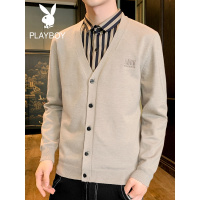 花花公子假两件毛衣男秋季韩版潮流衬衫领男士开衫针织衫个性外穿