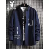 花花公子印花长袖衬衫男士韩版潮流学生上衣服休闲百搭帅气衬衣男