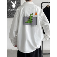 花花公子2021夏季衬衣男士恐龙印花休闲韩版宽松潮流衬衫长袖外套