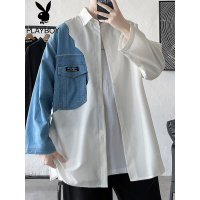 花花公子牛仔拼接衬衫男设计感小众炸街长袖衬衣痞帅气高街外套潮