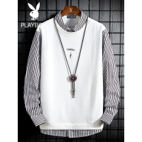 花花公子男装卫衣秋季条纹假两件潮流百搭美式高街ins潮牌长袖T恤