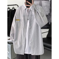 花花公子条纹男士衬衫秋季韩版潮流上衣日系宽松痞帅长袖衬衣外套